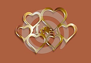 Valentine s Day. Photo frame. Golden hearts with the inscription love. 3D with a shadow. illustration