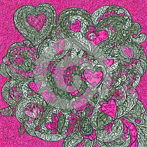 Valentine\'s Day pink background with hearts, flowers and plant figures