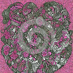 Valentine\'s Day pink background with hearts, flowers and plant figures