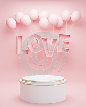 Valentine`s day pink background with product display and lettering balloons. 3d randering