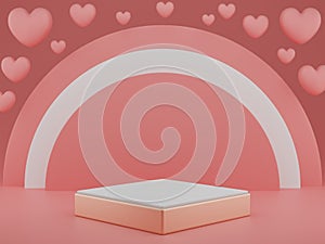 Valentine`s Day : podium or product stand with hearts symbol of love on pastel pink background with copy space. 3d rendering