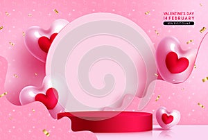 Valentine`s day podium vector design. Happy valentine`s day sale with stage and cylinder