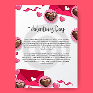 Valentine`s day poster banner template with sweet cake cupcake love heart with love letter envelope frame