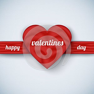 Valentine`s day poster with realistic silk heart and ribbon