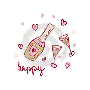 Valentine's Day print with bottle, glasses and hearts. Perfect for sticker, card, tee. Doodle vector illustration