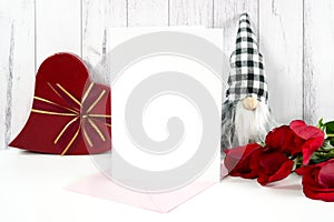 Valentine's Day product mockup with farmhouse theme on white wood background.
