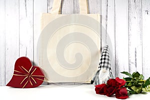 Valentine's Day product mockup with farmhouse theme on white wood background.