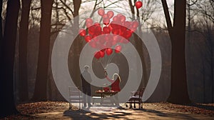 A Valentine\'s Day proposal scene, with balloons forming