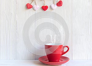 Valentine`s Day with red cup coffee Sewed pillow hearts row border