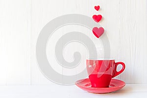 Valentine`s Day with red cup coffee Sewed pillow hearts row border, wood white background