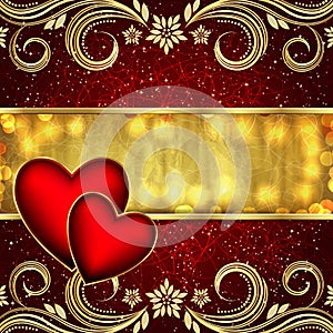 Valentine`s day red golden background with hearts and flowers.