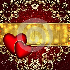 Valentine`s day red golden background with hearts and flowers.