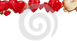 Valentine's day. Red and golden heart-shaped balloons fly up on white background