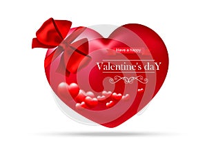 Valentine`s day, red heart with red bow on white background