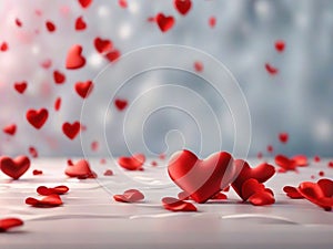 Valentine`s Day. Red heart shape backdrop. Abstract holiday Valentine background with red satin hearts. Love concept
