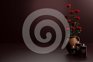Valentine\'s Day - red roses in a stoneware vase with three candles - 3D Illustration