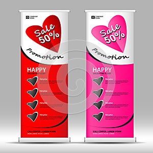 Valentine`s day Roll up banner stand template, Pull up, display, advertisement, business flyer, poster, presentation, corporate