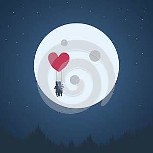 Valentine`s day romantic background. Boy and girl cute adorable couple in love flying