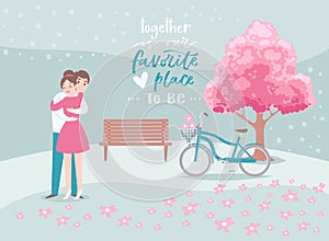 Valentine s Day romantic beloved couple hugs, cartoon people characters boy and girl lovers with bicycle and pink