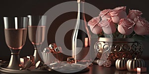 Valentine\'s Day romantic dinner. Champagne, candles, flowers and gift box over holiday bokeh background. Wedding celebrating