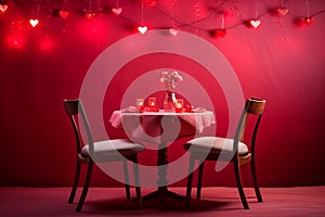 Valentine's day. Romantic dinner on a red background with hearts