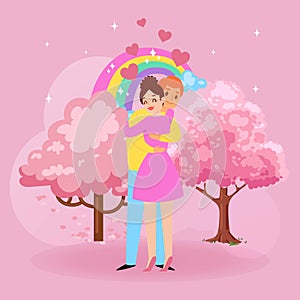 Valentine s Day romantic love couple hugs, cartoon people characters boy and girl lovers and pink blossom tree, hearts
