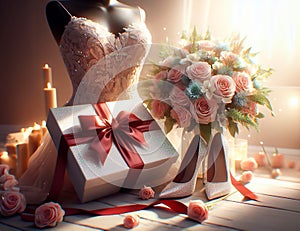 valentine's day. Romantic painting with flowers, gifts, gentle sunlight