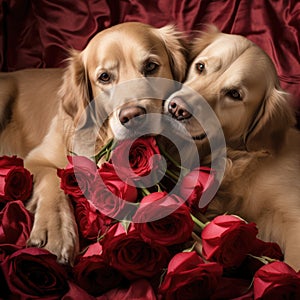 Valentine\'s Day Rose Cuddling Dog Couple