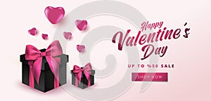 Valentine`s Day Sale 50% off Poster or banner with hearts and realistic gift box on soft pink background. Shopping and promotion t