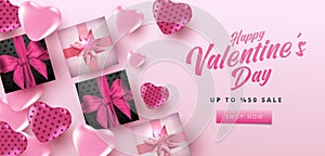 Valentine`s Day Sale 50% off Poster or banner with hearts and realistic gift box on soft pink background. Shopping and promotion t