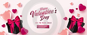 Valentine`s Day Sale 50% off Poster or banner with hearts and realistic gift box on soft pink background. Shopping and promotion t