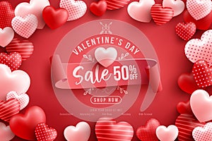 Valentine`s Day Sale 50% off Poster or banner with many sweet hearts and on red background.Promotion and shopping template or