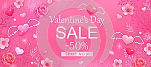 Valentine`s day sale background with pink hearts, roses, cherry blossoms. Design for flyer, card, invitation, banner.