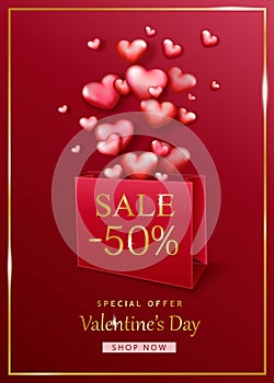 Valentine`s day sale background with red and pink hearts. Discount, shop promotion template.