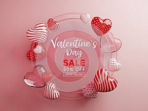 Valentine\'s day sale banner with 3D hearts balloon and circle glass frame