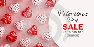Valentine\'s day sale banner with 3D hearts and white circle frame