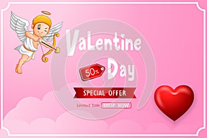 Valentine`s day sale banner with cute cupid cartoon