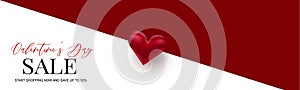 Valentine`s Day sale banner design. Romantic love 3d hears decoration. Design concept for website header or newsletters. photo
