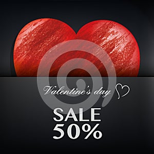 Valentine`s Day sale banner. Hand drawn red heart with brush strokes on black background