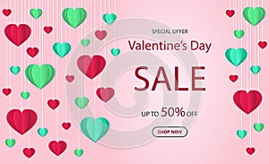 Valentine`s day sale banner. Love background with hanging hearts. Design offer gift card for happy Valentine`s day. Paper cut