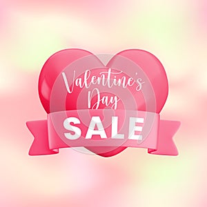 Valentine's day sale banner template. Cute realistic 3d concept with ceramic heart, pink ribbon and text on gradient