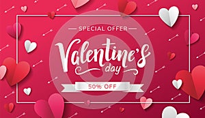 Valentine\'s day sale flyer design with beautiful lettering  paper hearts of white  red and pink colors and arrows on pink