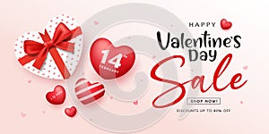 Valentine`s day sale, gift box heart shape red ribbon, and heart ball banners design background