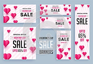 Valentine`s Day sale header and poster set with 65% discount offer and decorative paper balloons.