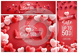 Valentine's Day Sale 50% off Poster or banner with many sweet hearts and sweet gifts on red background.Promotion and shopping