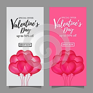 Valentine`s day sale offer flyer with illustration of 3D pink group helium balloon