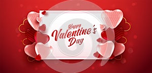 Valentine`s day sale poster or banner with many sweet hearts and on bokeh effect red color background. Promotion and shopping tem