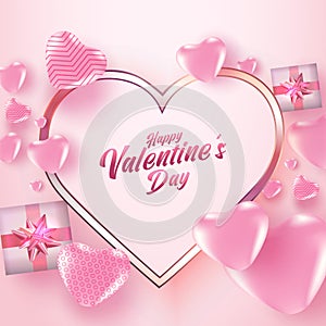 Valentine`s day sale poster or banner with many sweet hearts and gift boxes on pink color background. Promotion and shopping templ
