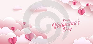 Valentine`s day sale poster or banner with many sweet hearts and on soft pink color wooden background. Promotion and shopping