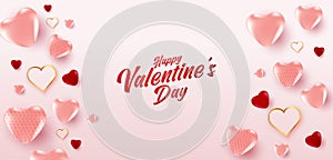 Valentine`s day sale poster or banner with many sweet hearts and on soft pink color wooden background. Promotion and shopping